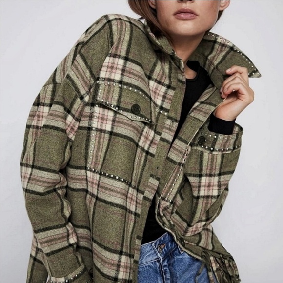 Zara Plaid Flannel Oversized Shacket with Fringe Hem and Studded Detailing - Picture 11 of 13
